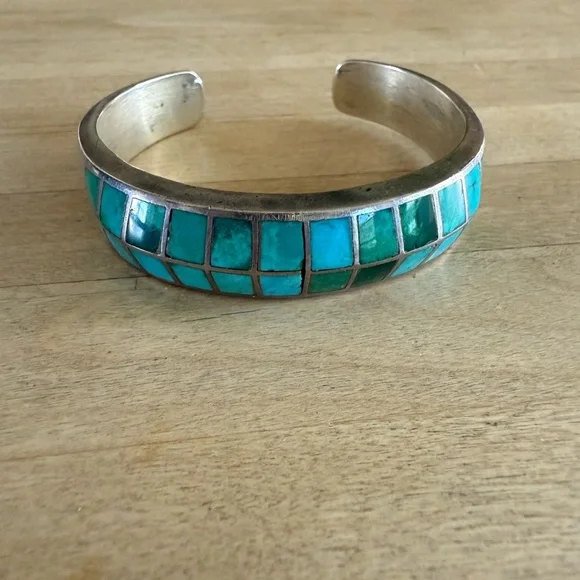 Vintage Native American Sterling Silver with Turquoise Mosaic Inset Bracelet - Picture 2 of 3